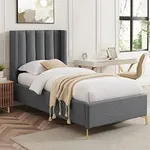 Inspired Home Caliyah Headboard Upholstered Wingback Channel Tufted Oblique Legs Slats Included Linen Full Size Grey