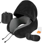 Travel Pillow with Hood, 100% Pure Memory Foam Hooded Travel Neck Pillow, Upgraded Neck Support for Flight Headrest Sleep, Portable Travel Kit with 3D Contoured Eyemask, Storage Bag, Earplugs. Black