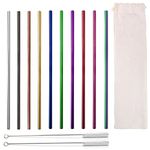 Reusable Straws, 10 Pcs 10.5 inch Stainless Steel Drinking Straws with Cleaning Brush and Carry Bag, Drinking Metal Straws for Jars, Mason Tumblers