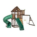 Backyard Discovery Skyfort III All Cedar Wooden Swing Set, Spiral and Tube Slide, 2 Heavy Duty Belt Swings with Trapeze Bar, Rock Climbing Wall, Wood Roof Canopy and Crows Nest