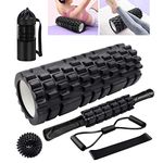 Foam Rollers, KilYn 6 in 1 Foam Roller Set Deep Tissue Massage Roller with Muscle Roller Stick, Exercise Resistance Bands, Massage Ball, M & Low Density Foam Roller for Yoga Pilates + Carry Bag, Black