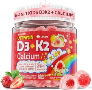 Vitamin D3 K2 + Calcium Liquid-filled Gummies for Kids & Teens, 1000IU / 2000IU D3 with Magnesium, Algal Omega 3, Kids Vitamins for Bones & Teeth, Calcium Absorption, Brain, Immune, Sugar-Free, 60Cts