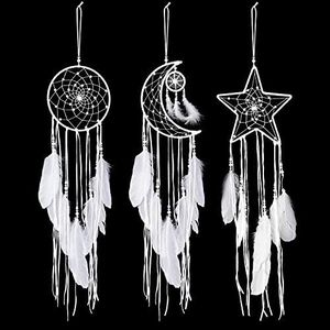 Jetec 3 Pcs Dream Catcher Moon Sun Star Design Handmade Traditional Design Craft Ornament Wall Art Hanging Home Decoration Bedroom Wedding(Classic Style,White)