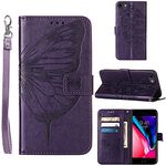 Compatible for iPhone 7/8 Wallet Case,iPhone SE 2022 Case,iPhone SE 2020 Case,6/6S Case,[Kickstand][Wrist Strap][Card Holder Slots] Butterfly Floral Embossed PU Leather Flip Protective Cover (Purple)