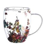 Hoquare Dry Flowers Double Walled Coffee Mugs 350ml Insulated Thermal Coffe Glasses Large Tea Cups Clear Glass Cups for Latte Cappuccino Macchiato Hot or Cold Drinks