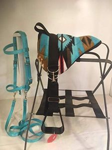 Party Ponies Miniature Horse/SM Pony Childrens Bareback Saddle PAD Set with BITLESS Bridle - Cinch Upgrade - Turquoise Indian Native Set