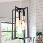 Industrial Farmhouse Pendant Lights, Rectangle 3-Light Modern Black and Golden Chandelier,Geometric Metal Cage Adjustable Rods Pendant Lighting Fixture for Kitchen Island Dining Room Living Room Foyer