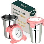 MARU Stainless Steel Tumbler with Lid Set of 2 Pcs 400ml Each, Durable & Leak Proof Flask, Ideal Drink Tumbler for Coffee, Tea, Buttermilk & Juice, Glass Tumbler for Travel, School & Office, Ice Pink