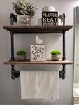 Industrial Pipe Shelf,2 Tiered Metal Towel Racks for Bathroom,20" Industrial Pipe Floating Shelves Shelving,Rustic Wood Wall Mount Shelf with Towel Bar,Iron Towel Holder