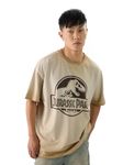 The Souled Store Official Jurassic Park: Logo Men and Boys Short Sleeves Round Neck Beige Graphic Printed Cotton Oversized T-Shirts