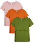 Sosolism 3 Pack Maternity Nursing Short Sleeve Tops for Breastfeeding, Orange/Green/Pink, Medium