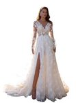 Deep V Neck Wedding Dresses for Women Long with Puffy Sleeves Lace Wedding Gowns DR0001-14, 14 Ivory, 14