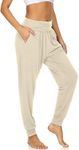 UEU Women's Cozy Yoga Joggers Pants Loose Workout Sweatpants Comfy Lounge Pants with Pockets, Cream, Medium