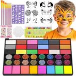 Flasoo Face Painting Kit with Stencils, 42 Colors Non Toxic Face Paint with 16 Face Paint Crayons, 6 Reusable Face Painting Stencils, 40 Sticky Stencils for Party and Halloween