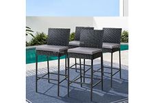 OUTLIVING Rattan Wicker Outdoor High Bar Chair with Cushion Set of 4 for Garden Balcony Bar Stool Set Lawn and Poolside & Kitchen - (Black)