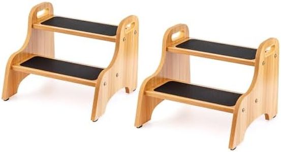 StrongTek 2 Pack Wooden 2 Step Stools for Kids & Adults, Non-Slip Surface, Skid-Resistant Foot Pads, 300 lbs Capacity, Portable with Handles, Safe & Sturdy Design for Kitchen, Bathroom, Bedroom, Home