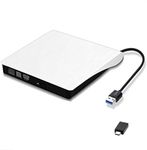 External DVD Drive, DVD/CD ROM Rewriter Burner Drive USB 3.0 Port with Type-C Adapter, Compatible with Windows Linux OS Apple Mac for MacBook Laptop Desktop PC White