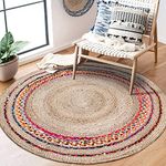 VANU® Handwoven Jute Rug Round and Rectangle Design Natural Fibers, Braided Reversible, Runner, Kitchen Rugs, Hallway, Rug for Living & Bedroom, Hand Woven (120 cm Round, chindi des)