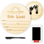 5.9" Hello World Baby Sign,Baby Announcement Sign|Not Bleed on Wood Marker Pen| Ink Pad, 2 Sided Boho Sun Newborn Announcement Sign for Nursery Hospital Baby Shower Keepsake, Newborn Essentials