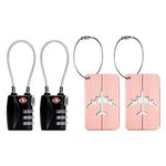 AOUTACC 2 Pack TSA Luggage Lock and 2 Pack Aluminium Metal Luggage Tags, Mini Combination Password and Suitcase Card Holder Bag Tag Name Address ID Bag Label with Key Ring