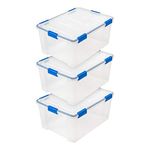 IRIS USA 56.8 L (60 US Qt) Storage Box with Gasket Seal Lid, 3 Pack - BPA-Free, Heavy Duty Moving Containers with Tight Latch, Weather Proof Tote Bin, WEATHERPRO - Clear/Blue