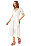 Roman Originals Broderie Puff Sleeve Cotton Midi Dress for Women UK - Ladies Everyday Holiday Spring Summer V Neckline Comfy Soft Evening Vacation Work Party - White - Size 18