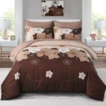 Dinjoy Brown Floral Queen Comforter Set for Queen Size Bed 7 Pieces Bed in a Bag Soft Microfiber Bedding Comforter with Sheets Lightweight Bed Comforter Set (7pcs,Brown Floral Comforter Set)