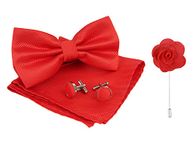 KRAWATTE Men's Microfiber Bow Tie Set with Pocket Square and Cufflinks (Red)