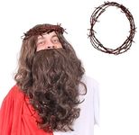 JESUS WIG & BEARD FANCY DRESS ACCESSORY KIT BROWN RELIGIOUS WIG WITH CROWN OF THORNS
