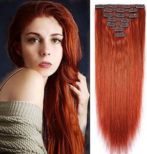 22" Clip in Human Hair Extensions Full Head 200g 7 Pieces 16 Clips Copper Red Double Weft Brazilian Real Remy Hair Extensions Thick Straight Silky (22" 200g, 350#)