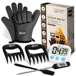 Silicone Grill Gloves, Meat Claws, Thermometer, Timer, Brush | Smoker Gloves with Dual Layer | No.1 Heat Resistant Non-Slip Oven Mitts | Premium BBQ Gloves & Accessories for Grilling & Smoking (Black)