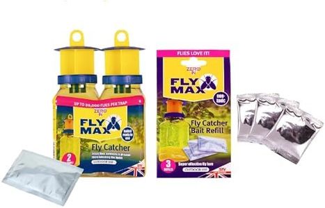 Zero In Fly Max Re-Usable Fly Catcher, Twin-pack STV336 with Bait Refill Sachet 3-Pack STV337, Effective Flytrap, Refillable Insect Attractant for Outdoor Use, Just Add Water, Covers up to 10 m Radius