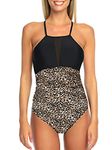 RELLECIGA Women's Black & Leopard Halter One Piece Swimsuit Ruched Retro Bathing Suits for Women Size Small