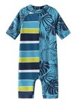 Moon Tree Toddler Boys One Piece Rash Guard Swimsuits for Baby Boys Sunsuits Short Sleeve Sun Protective Bathing Suits Beach Swimwear Blue Tropical Plants 3T