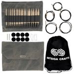 Lykke Driftwood 5 in. Complete Set US 4, 5, 6, 7, 8, 9, 10, 10.5, 11, 13, 15, 17 Interchangeable Circ. Knitting Needles for DK, Worsted, Super Chunky Yarn, Birch, 5 Cords, Grey DM Case, Project Bag