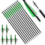 TOPARCHERY 12pcs Crossbow Bolts 20 Inch Carbon Crossbow Arrowswith 4" Vanes Replaced Arrowhead Tip with 6pcs 100grain Hunting Broadhead (A Green+Green)