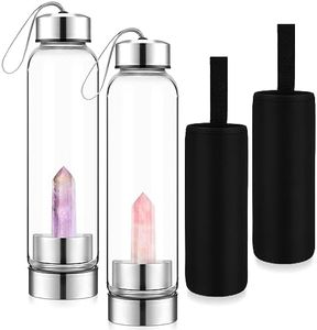 meekoo 2 Pieces Crystal Glass Water Bottle with Gemstone Center Natural Amethyst and Rose Quartz Clear Water Bottle Quartz Crystal Cup Energy Cup for Healing and Wellness(Obelisk)