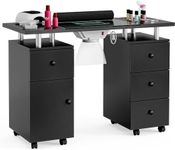 Belandi Manicure Table, Glass Top Nail Tech Desk Nail Table Station for Nail Tech w/Electric Downdraft Vent, Wrist Cushion, Lockable Wheels, Storage Drawers, Wooden Handles (Black-Glass Table)