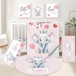 KAINSY Personalized Baby Bedding Set, 5 Pcs Custom Baby Crib Set with Name, Soft Baby Girl Elephant Crib Bedding Set, Double Layer Nursery Bedding Set, Toddler Infant Bedding Set New Parents Gifts