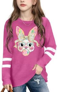 LAZYCHILD Kids Easter Shirt Girls Happy Easter Shirts Rabbit Graphic Long Sleeve Striped Tee Tops 5-14 Years