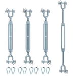 Podoy 1/2 Inch Hot Dipped Galvanized Steel Jaw and Jaw Turnbuckle,Heavy Duty 2200𝑳𝑩𝑺 Turn Buckle Tensioner 4 Pcs and 8 Wire Rope Thimbles Set for Cable Wire Rope Tension,Shade Sail,Zip Line Cable