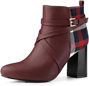 Allegra K Women's Plaid Pointed Toe Crisscross Strap Block Heels Burgundy Ankle Boots 9.5 M US