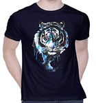 CreativiT Graphic Printed T-Shirt for Unisex Tiger Art T Shirt Design | Tiger T Shirt Tshirt | Casual Half Sleeve Round Neck T-Shirt | 100% Cotton | D00791-23_Navy Blue_X-Large