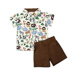 Geagodelia Toddler Boys Summer Outfits Short Sleeve Lapel Button T-shirts Shorts Set Little Kids 2pcs Cartoon Animal Print Clothes (Coffee, 4-5 Years)