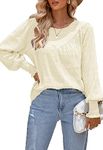 Ancapelion Women’s Long Sleeve Chiffon Blouse Round Neck Lantern Sleeve Ruffled Shirt Cream Tops for Ladies Medium