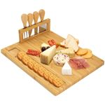 CUQOO Bamboo Cheese Board with 4 Piece Knife Set - Charcuterie Board with 4 Cheese Knives | Chopping Board, Serving Platter for Cracker & Meat | Wooden Cheese Tray Gift Set for Christmas Anniversary