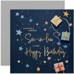 Old English Co. Son in Law Birthday Card for Him - Navy Blue Male Birthday Card for Family - Stars Wrapped Gifts Presents Card Design - Modern Birthday Card | Blank Inside