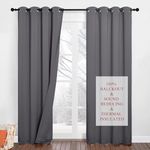 PONY DANCE Thermal Door Curtains Blackout - Soundproof Curtains for Living Room Three Layers Window Curtain with Black Liner, Energy Saving Curtain, 2 Panels, 52 x 84 Inch Drop, Grey