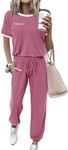 Amkoyam Women's Two Piece Outfits 2024 Summer Short Sleeve Tops With Drawstring Long Pants Tracksuit Jogger Lounge Set, Pink, Large