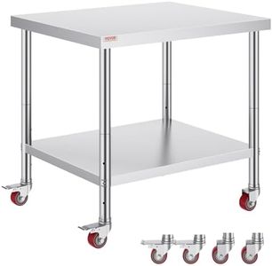 Vevor 30x36x34 Inch Stainless Steel Work Table 3-Stage Adjustable Shelf with 4 Wheels Heavy Duty Commercial Food Prep Worktable with Brake for Kitchen Prep Work